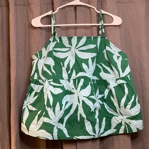 Green and blue botanical print top with ruched back and adjustable straps